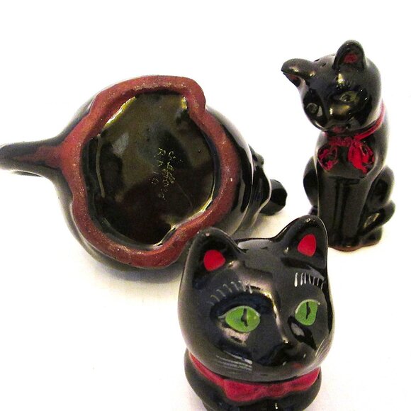 Vtg Shafford Ebony black red bowed cat teapot with salt & pepper black grown cat - Picture 5 of 15